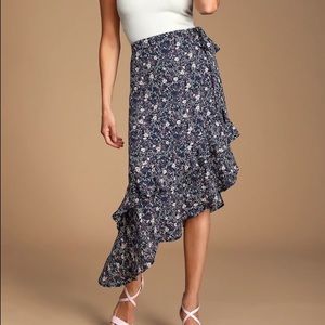 Lulus Cararra Navy Blue Floral Print Ruffled Asymmetrical Midi Skirt